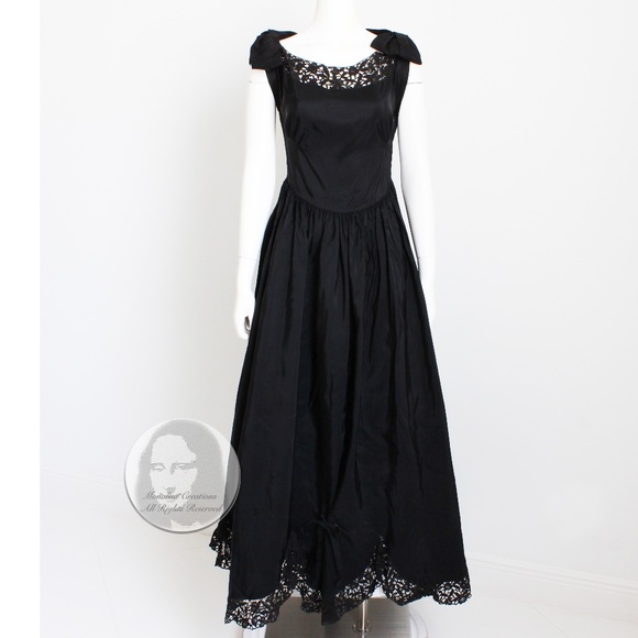 Vintage 40s Party Dress Black Taffeta with Scalloped Lace Hem Irving Detroit - Picture 13 of 14